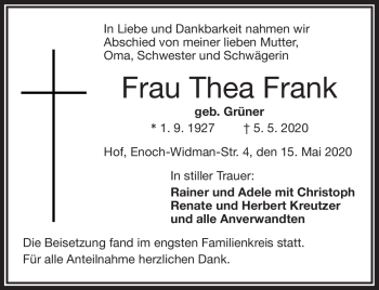 Traueranzeige von Thea Frank von Frankenpost