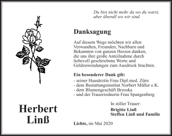Traueranzeige von Herbert Linß von Südthüringer Presse