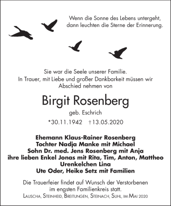 Traueranzeige von Birgit Rosenberg von Südthüringer Presse