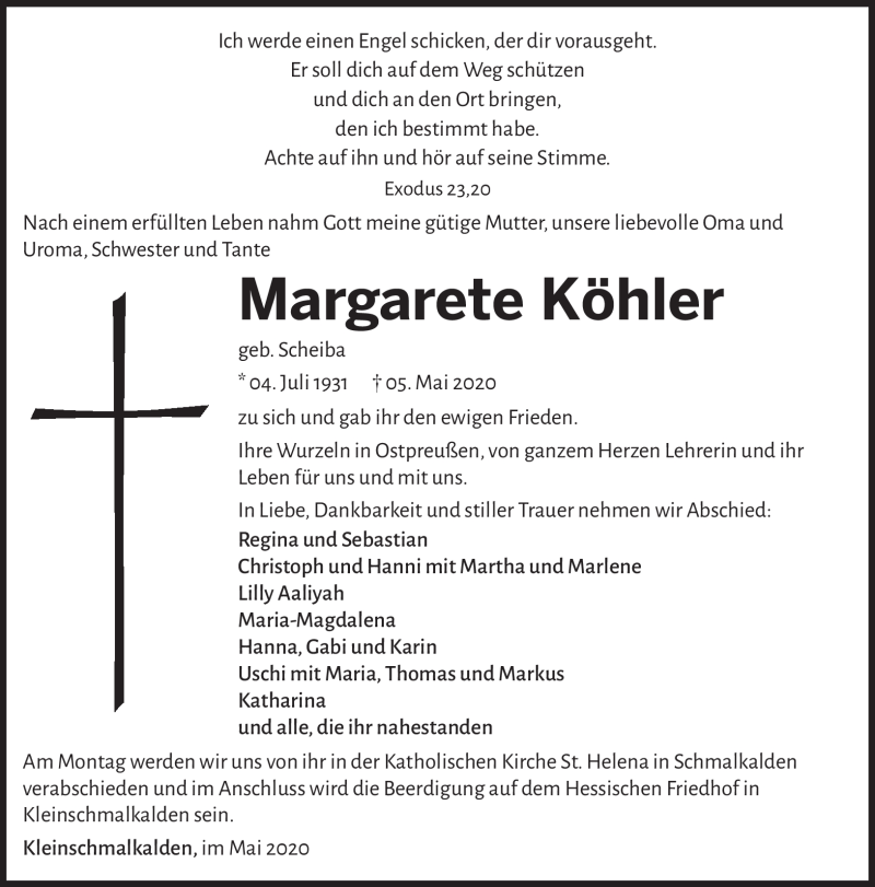  Traueranzeige für Margarete Köhler vom 09.05.2020 aus Südthüringer Presse