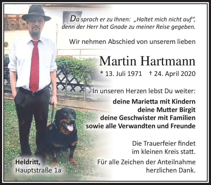  Traueranzeige für Martin Hartmann vom 01.05.2020 aus Südthüringer Presse