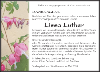 Traueranzeige von Lissa Luther von Südthüringer Presse