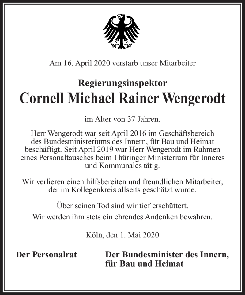  Traueranzeige für Cornell Michael Rainer Wengerodt vom 01.05.2020 aus Südthüringer Presse