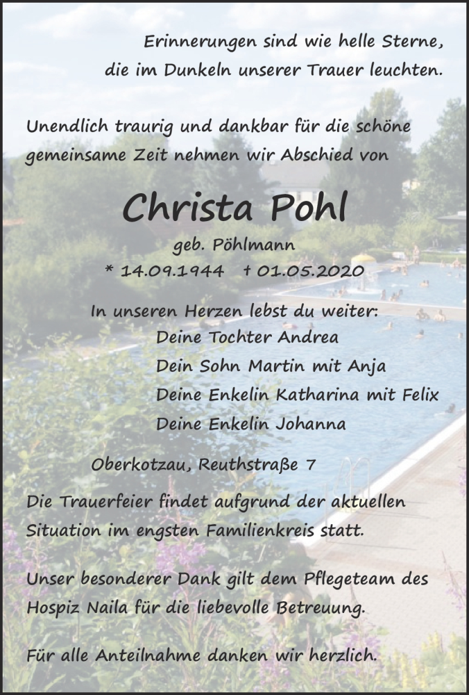  Traueranzeige für Christa Pohl vom 09.05.2020 aus Frankenpost