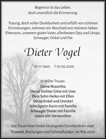 Traueranzeige von Dieter Vogel von Südthüringer Presse