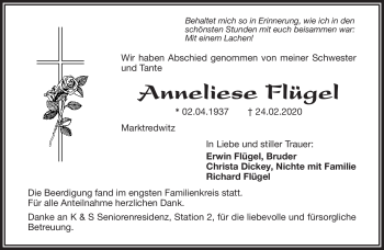 Traueranzeige von Anneliese Flügel von Frankenpost