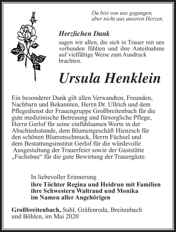 Traueranzeige von Ursula Henklein von Südthüringer Presse
