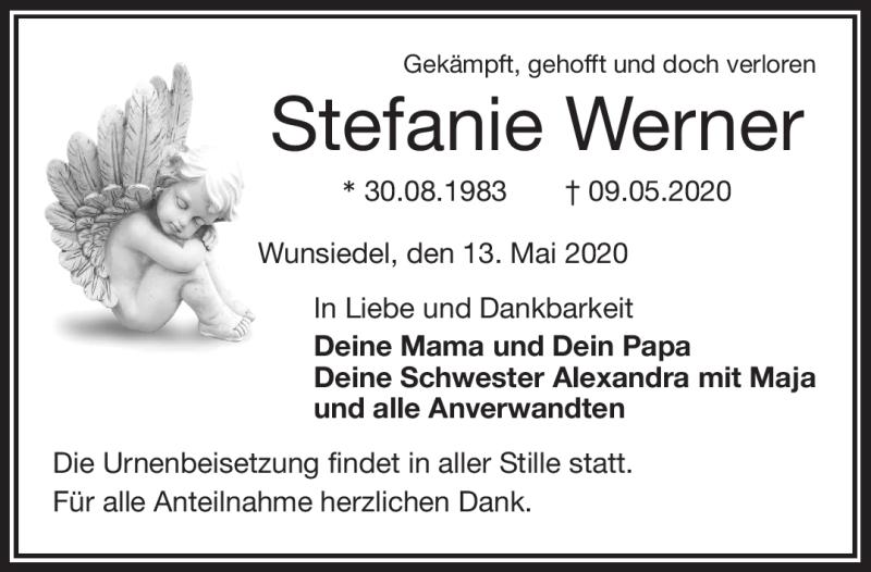  Traueranzeige für Stefanie Werner vom 13.05.2020 aus Frankenpost