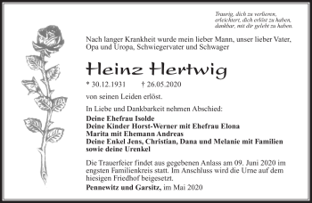 Traueranzeige von Heinz Hertwig von Südthüringer Presse