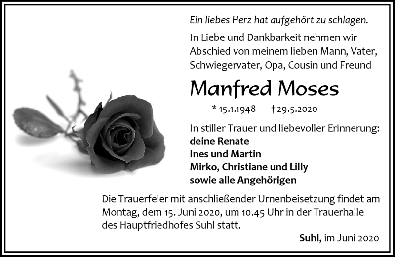  Traueranzeige für Manfred Moses vom 06.06.2020 aus Südthüringer Presse