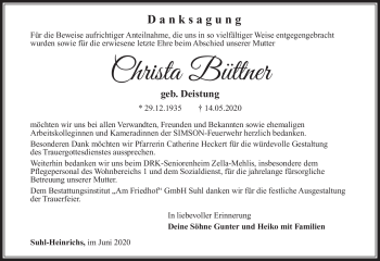 Traueranzeige von Christa Büttner von Südthüringer Presse