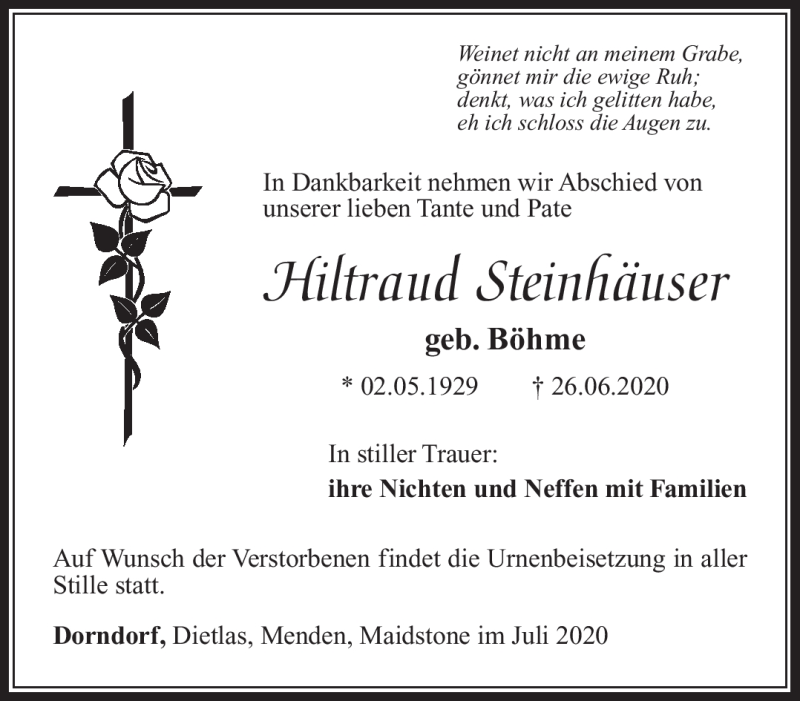  Traueranzeige für Hiltraud Steinhäuser vom 04.07.2020 aus Südthüringer Presse