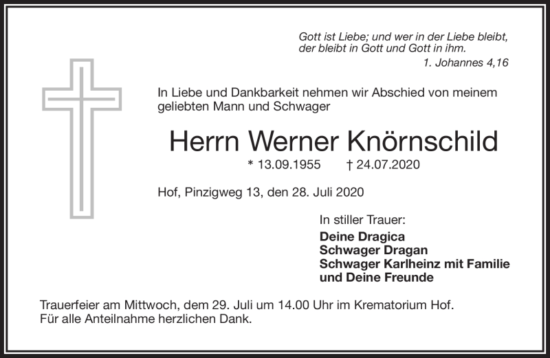  Traueranzeige für Werner Knörnschild vom 28.07.2020 aus Frankenpost