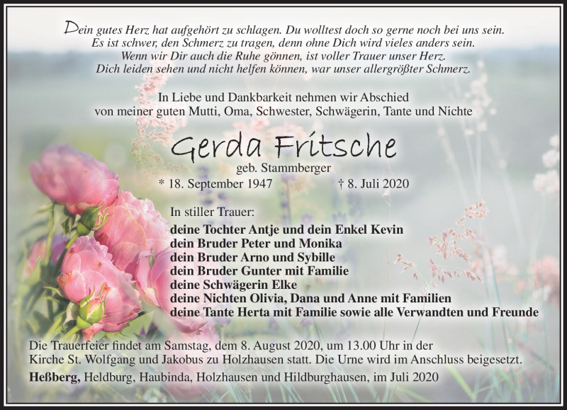  Traueranzeige für Gerda Fritsche vom 25.07.2020 aus Südthüringer Presse