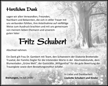 Traueranzeige von Fritz Schubert von Südthüringer Presse