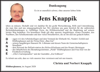Traueranzeige von Jens Knappik von Südthüringer Presse