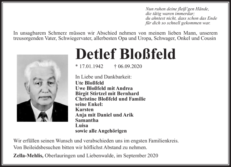  Traueranzeige für Detlef Bloßfeld vom 12.09.2020 aus Südthüringer Presse