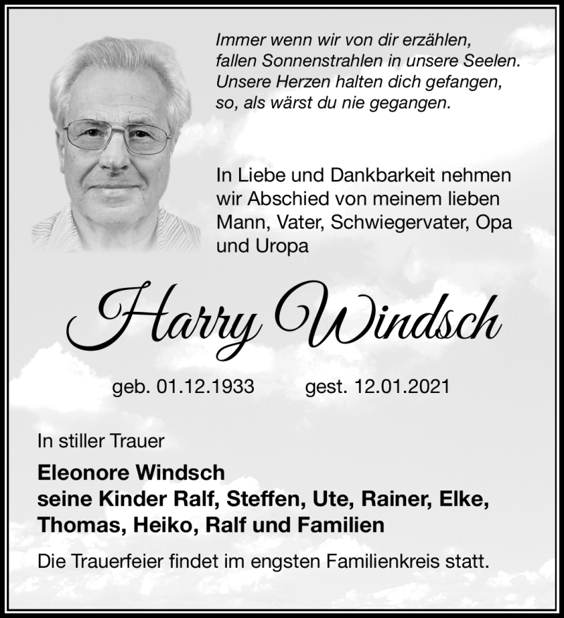  Traueranzeige für Harry Windsch vom 23.01.2021 aus Südthüringer Presse