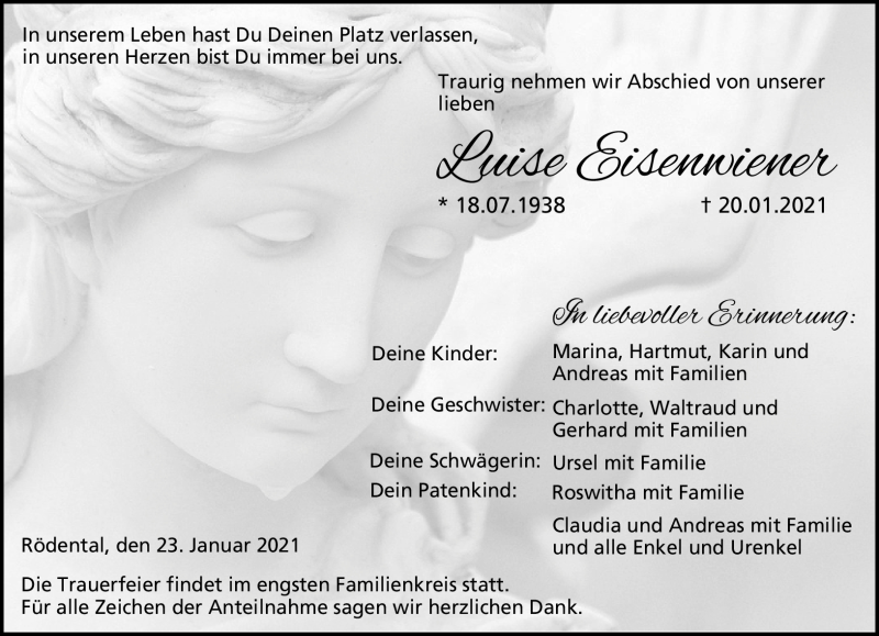  Traueranzeige für Luise Eisenwiener vom 23.01.2021 aus Neue Presse Coburg