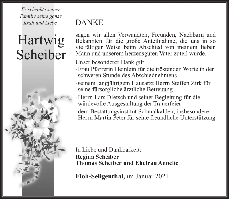  Traueranzeige für Hartwig Scheiber vom 16.01.2021 aus Südthüringer Presse