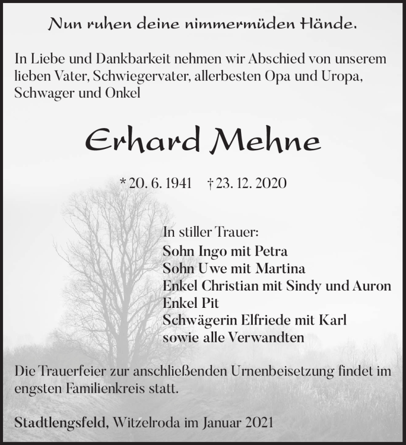  Traueranzeige für Erhard Mehne vom 14.01.2021 aus Südthüringer Presse