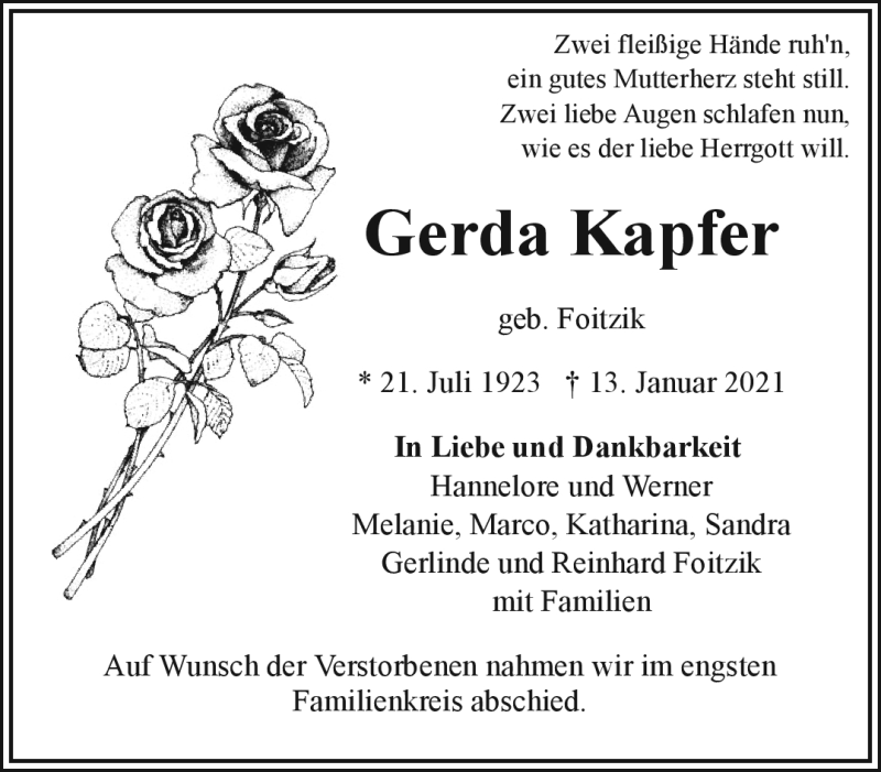  Traueranzeige für Gerda Kapfer vom 16.01.2021 aus Frankenpost