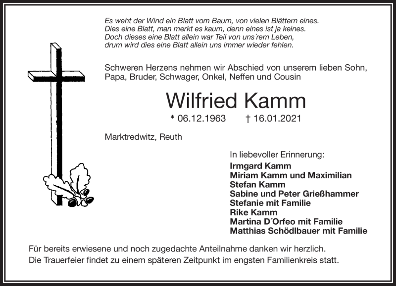  Traueranzeige für Wilfried Kamm vom 23.01.2021 aus Frankenpost