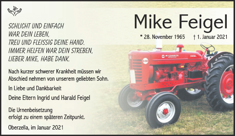 Traueranzeige für Mike Feigel vom 16.01.2021 aus Südthüringer Presse