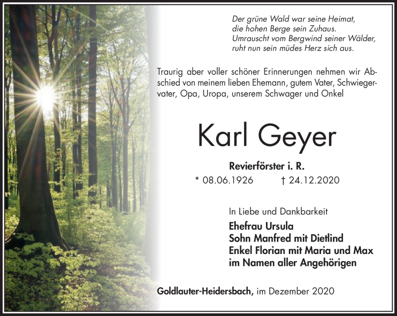  Traueranzeige für Karl Geyer vom 02.01.2021 aus Südthüringer Presse