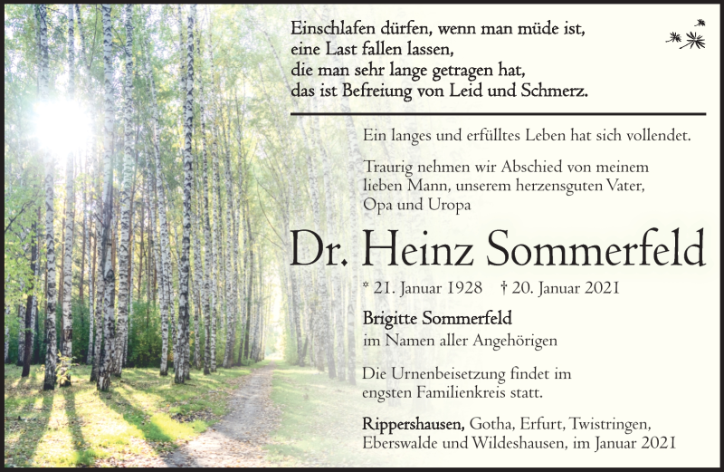  Traueranzeige für Heinz Sommerfeld vom 27.01.2021 aus Südthüringer Presse