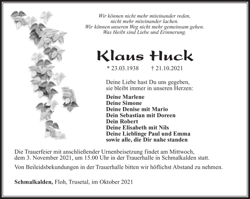  Traueranzeige für Klaus Huck vom 30.10.2021 aus Südthüringer Presse