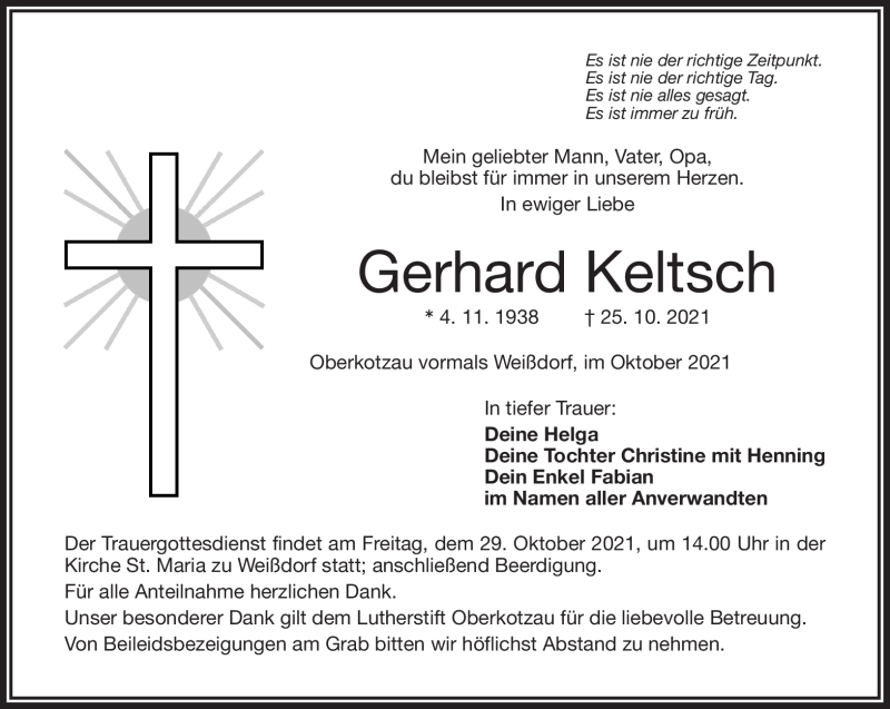  Traueranzeige für Gerhard Keltsch vom 27.10.2021 aus Frankenpost