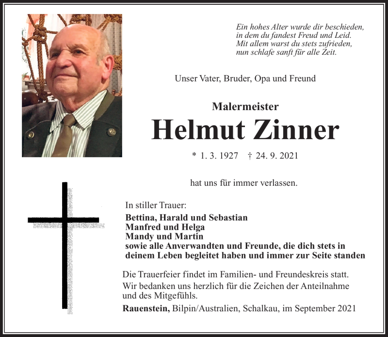  Traueranzeige für Helmut Zinner vom 02.10.2021 aus Südthüringer Presse