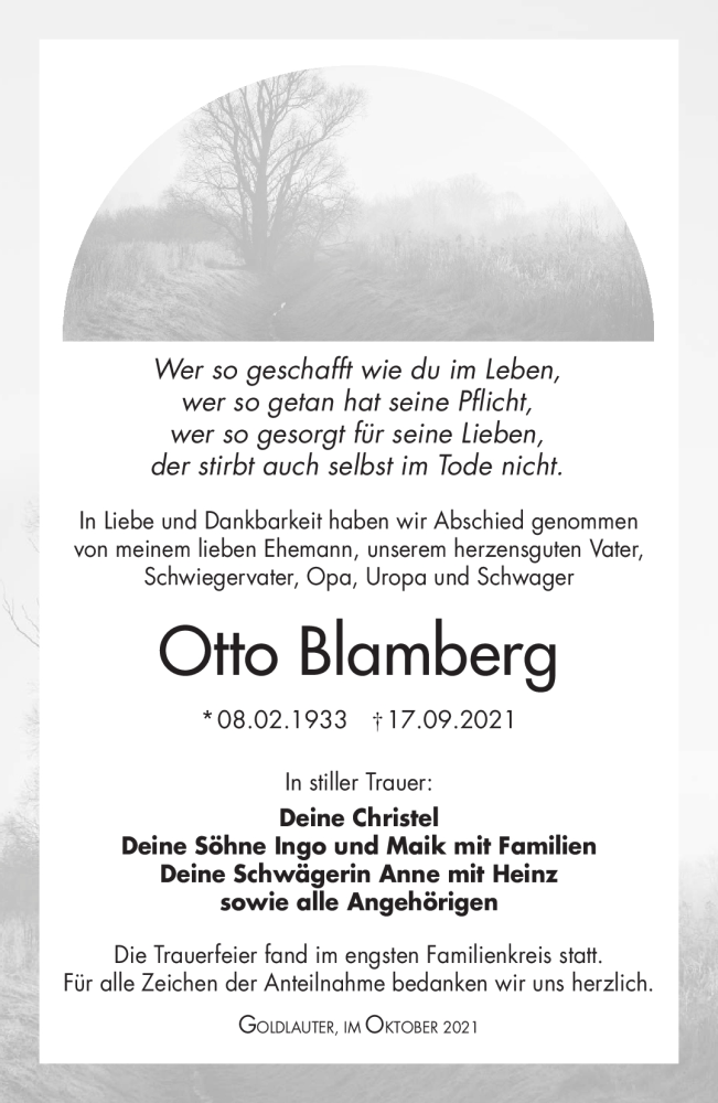  Traueranzeige für Otto Blamberg vom 02.10.2021 aus Südthüringer Presse