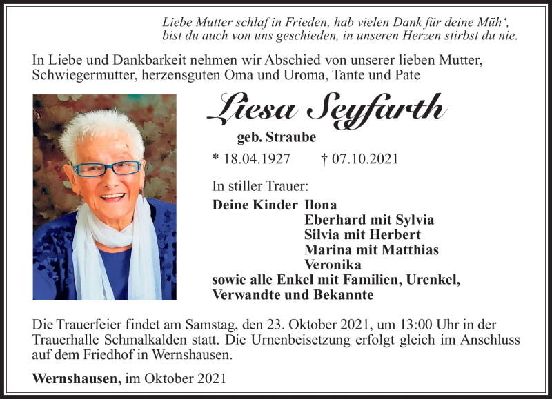  Traueranzeige für Liesa Seyfarth vom 16.10.2021 aus Südthüringer Presse