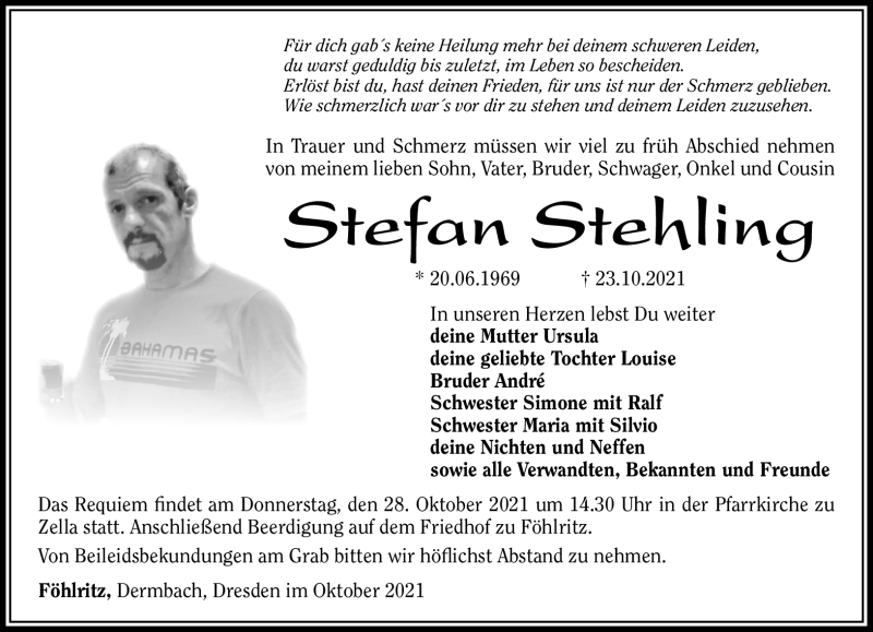  Traueranzeige für Stefan Stehling vom 26.10.2021 aus Südthüringer Presse