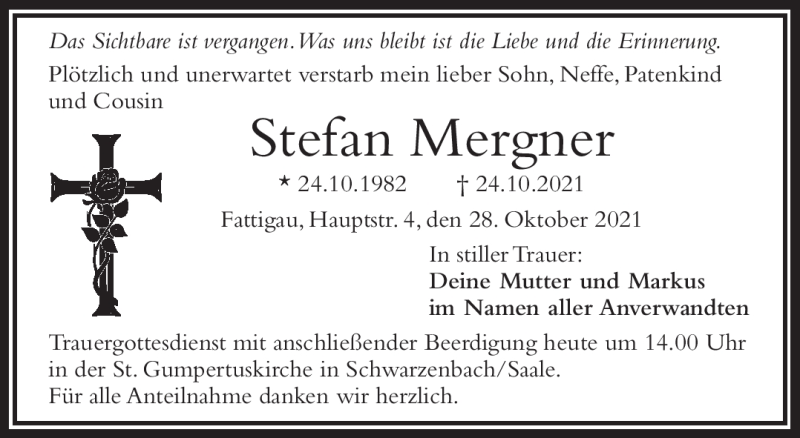  Traueranzeige für Stefan Mergner vom 28.10.2021 aus Frankenpost