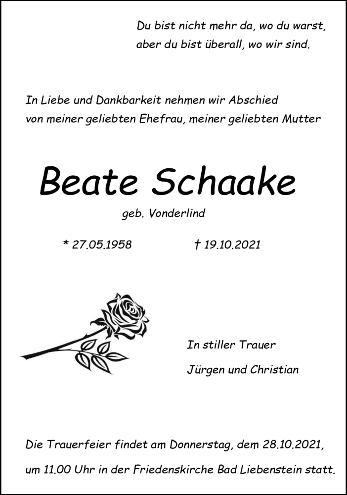  Traueranzeige für Beate Schaake vom 23.10.2021 aus Südthüringer Presse