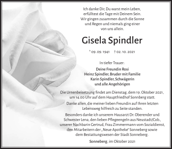 Traueranzeige von Gisela Spindler von Südthüringer Presse