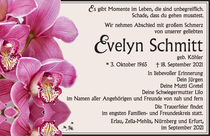  Traueranzeige für Evelyn Schmitt vom 25.09.2021 aus Südthüringer Presse