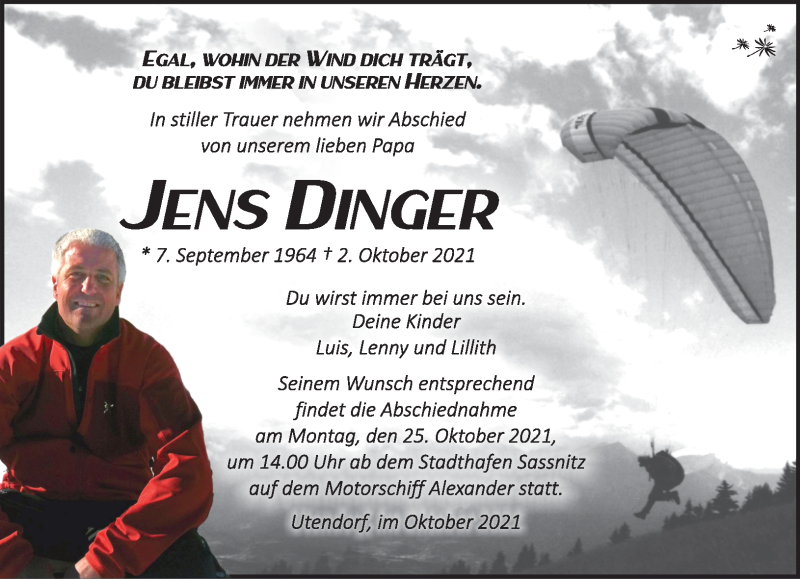  Traueranzeige für Jens Dinger vom 16.10.2021 aus Südthüringer Presse