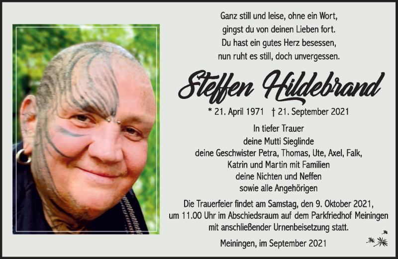  Traueranzeige für Steffen Hildebrand vom 02.10.2021 aus Südthüringer Presse