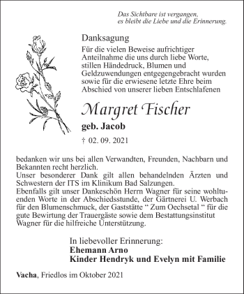 Traueranzeige von Margret Fischer von Südthüringer Presse