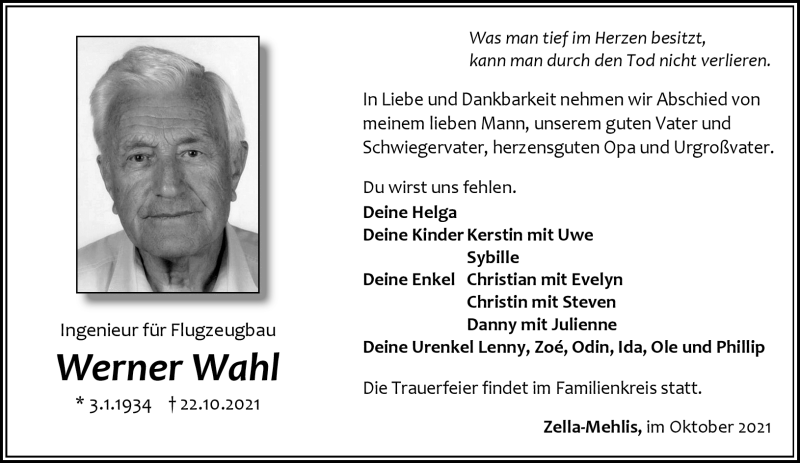  Traueranzeige für Werner Wahl vom 30.10.2021 aus Südthüringer Presse