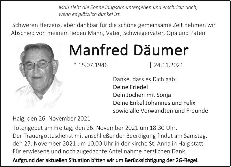  Traueranzeige für Manfred Däumer vom 26.11.2021 aus Neue Presse Coburg