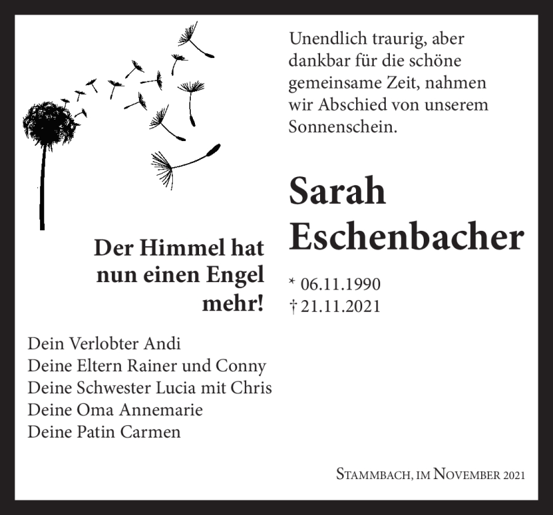  Traueranzeige für Sarah Eschenbacher vom 27.11.2021 aus Frankenpost