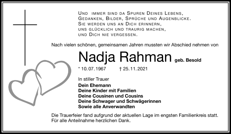 Traueranzeige für Nadja RAhmann vom 27.11.2021 aus Frankenpost