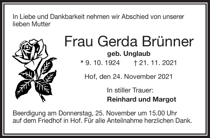  Traueranzeige für Gerda Brünner vom 24.11.2021 aus Frankenpost
