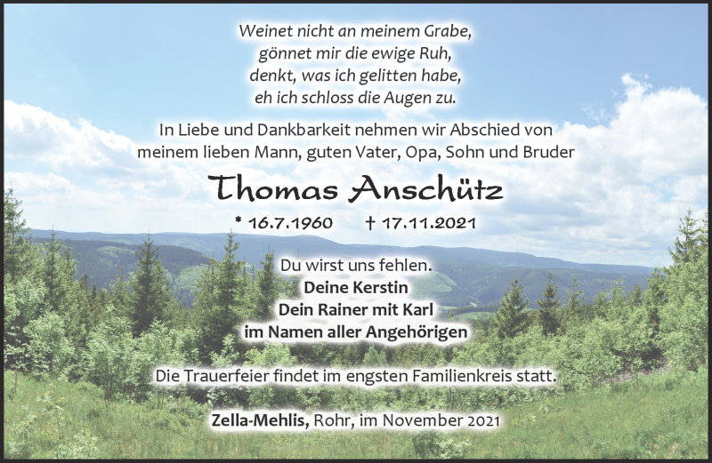  Traueranzeige für Thomas Anschütz vom 27.11.2021 aus Südthüringer Presse