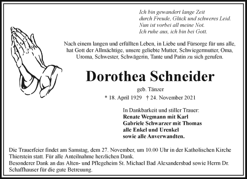  Traueranzeige für Dorothea Schneider vom 27.11.2021 aus Frankenpost